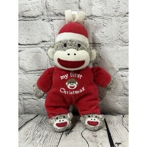Baby Starters My First Christmas Sock Monkey Plush Stuffed Rattle Red EUC